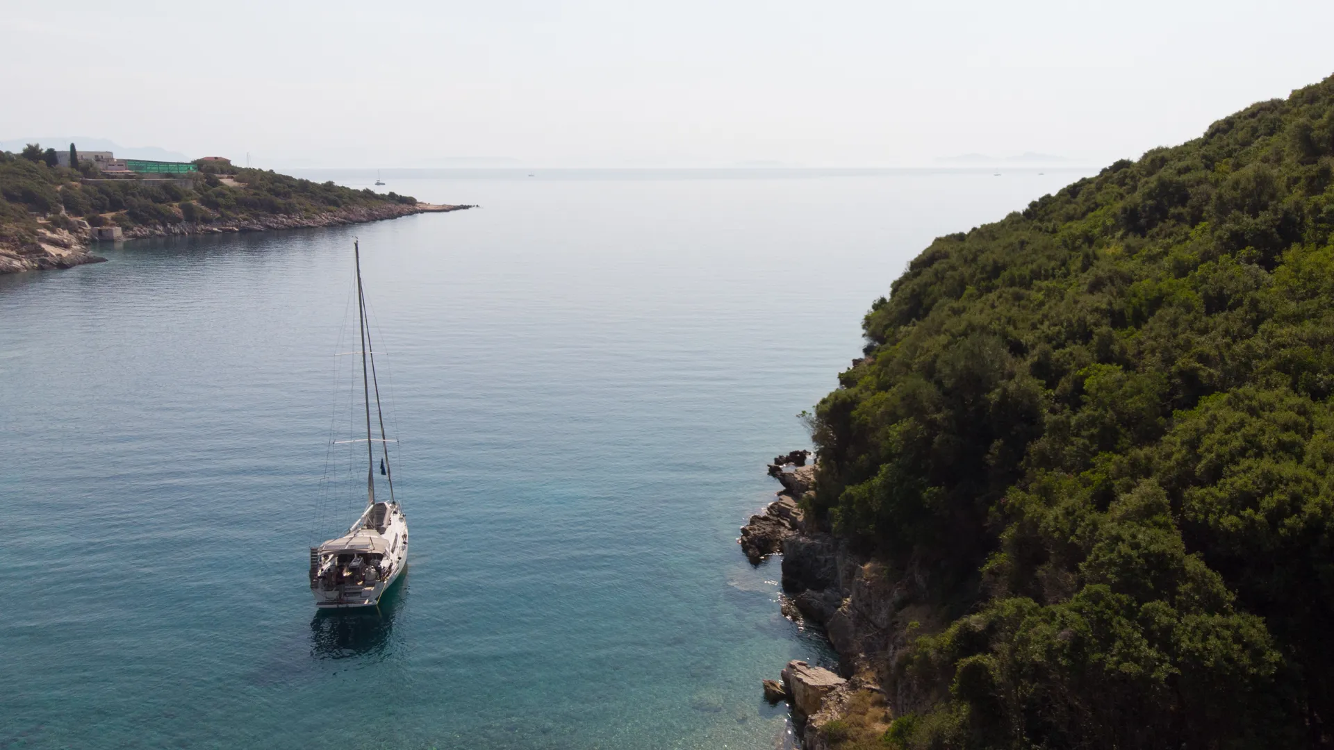 Beleza at anchor in a quiet Ionian bay